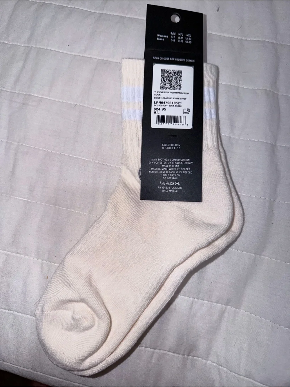 Fabletics Bone Quarter Crew Socks with White Stripe